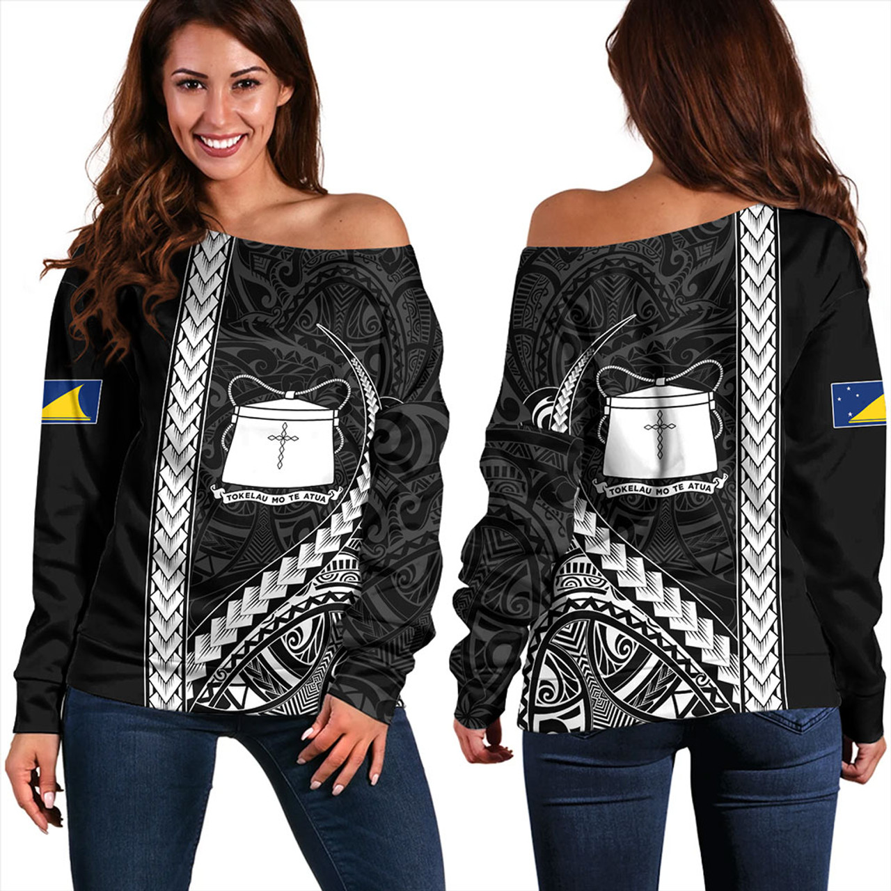 Tokelau Off Shoulder Sweatshirt Tribal Polynesian Coat Of Arms