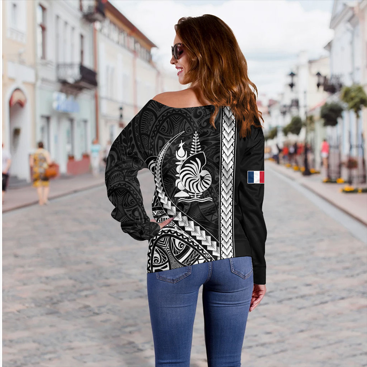 New Caledonia Off Shoulder Sweatshirt Tribal Melanesian Coat Of Arms