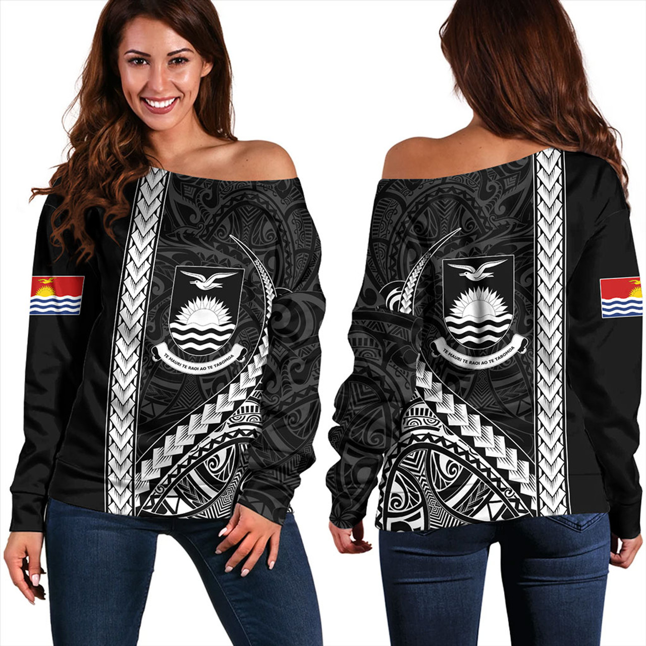 Kiribati Off Shoulder Sweatshirt Tribal Micronesian Coat Of Arms