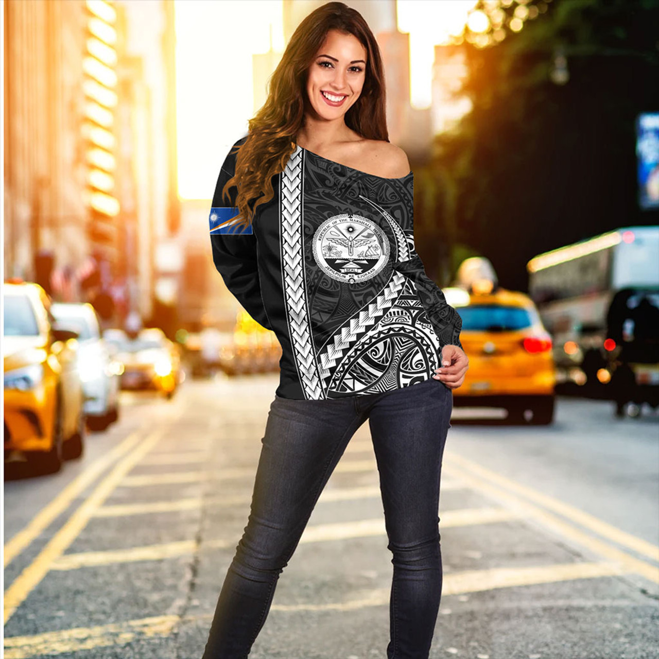 Marshall Islands Off Shoulder Sweatshirt Tribal Micronesian Coat Of Arms