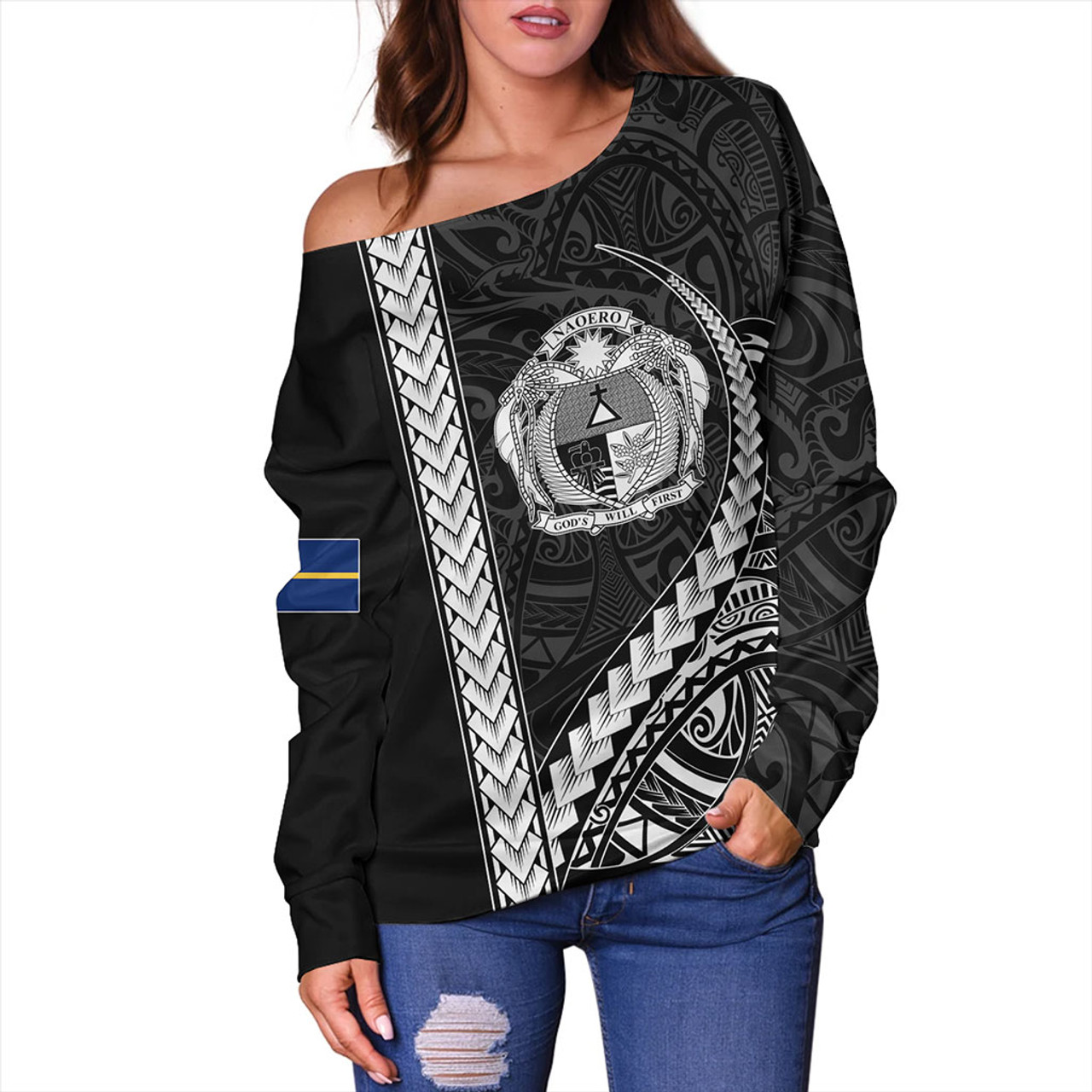 Nauru Off Shoulder Sweatshirt Tribal Micronesian Coat Of Arms