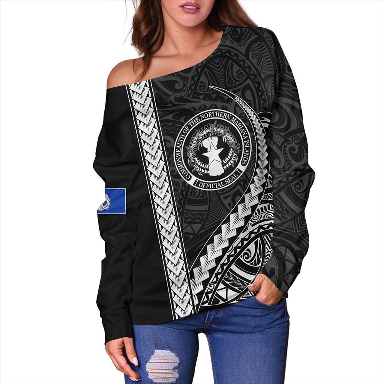 Northern Mariana Islands Off Shoulder Sweatshirt Tribal Micronesian Coat Of Arms