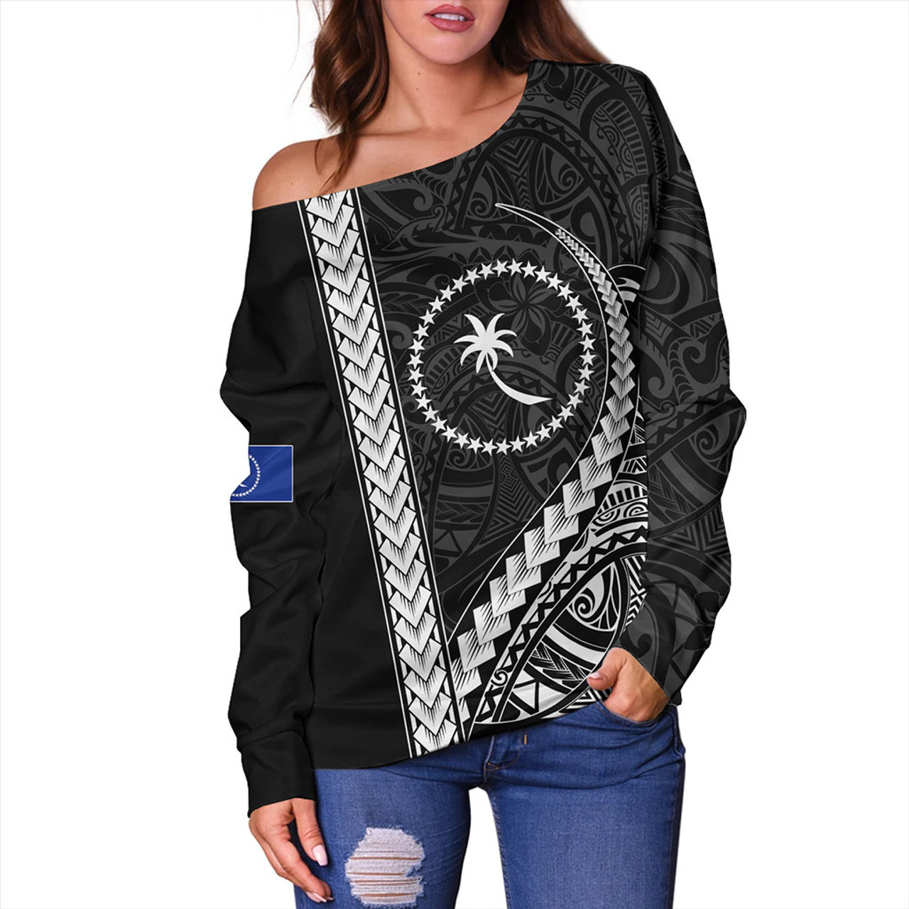 Chuuk State Off Shoulder Sweatshirt Tribal Micronesian Coat Of Arms