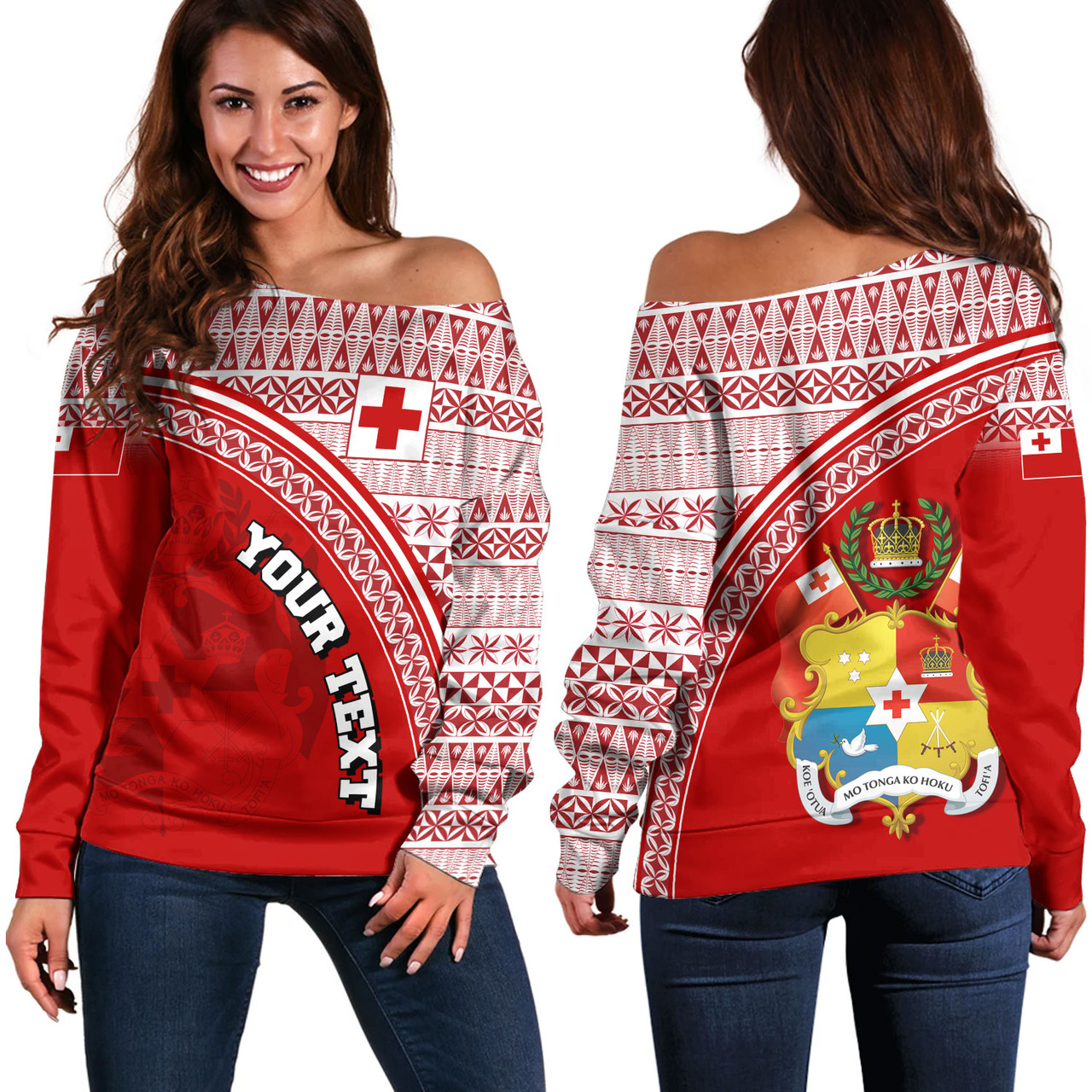 Tonga Custom Personalised Off Shoulder Sweatshirt Tongan Ngatu Pattern Curve Style