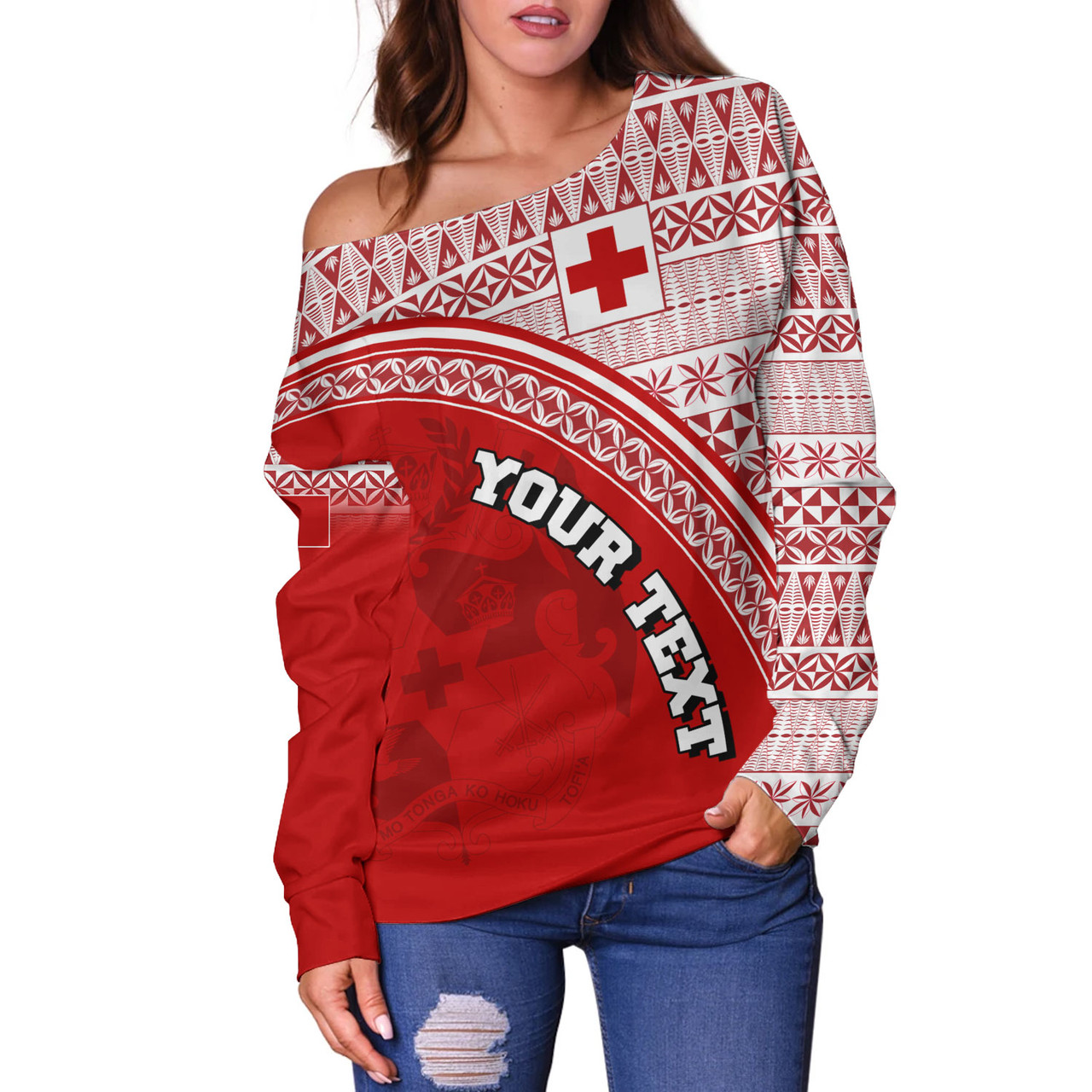 Tonga Custom Personalised Off Shoulder Sweatshirt Tongan Ngatu Pattern Curve Style