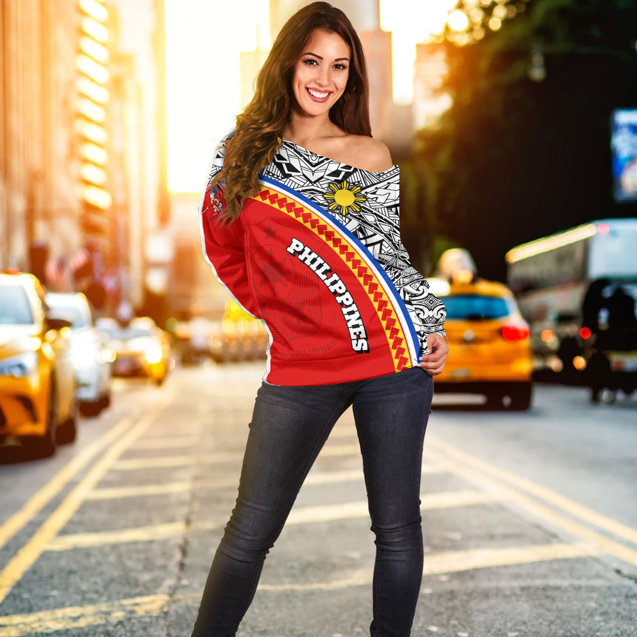 Philippines Filipinos Custom Personalised Off Shoulder Sweatshirt Tribal Patterns Curve Style