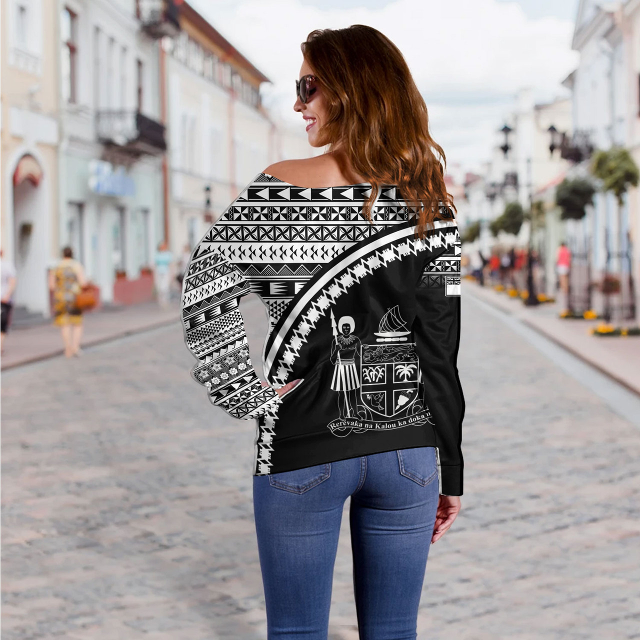 Fiji Custom Personalised Off Shoulder Sweatshirt Fijian Kesakesa Masi Patterns Curve Style