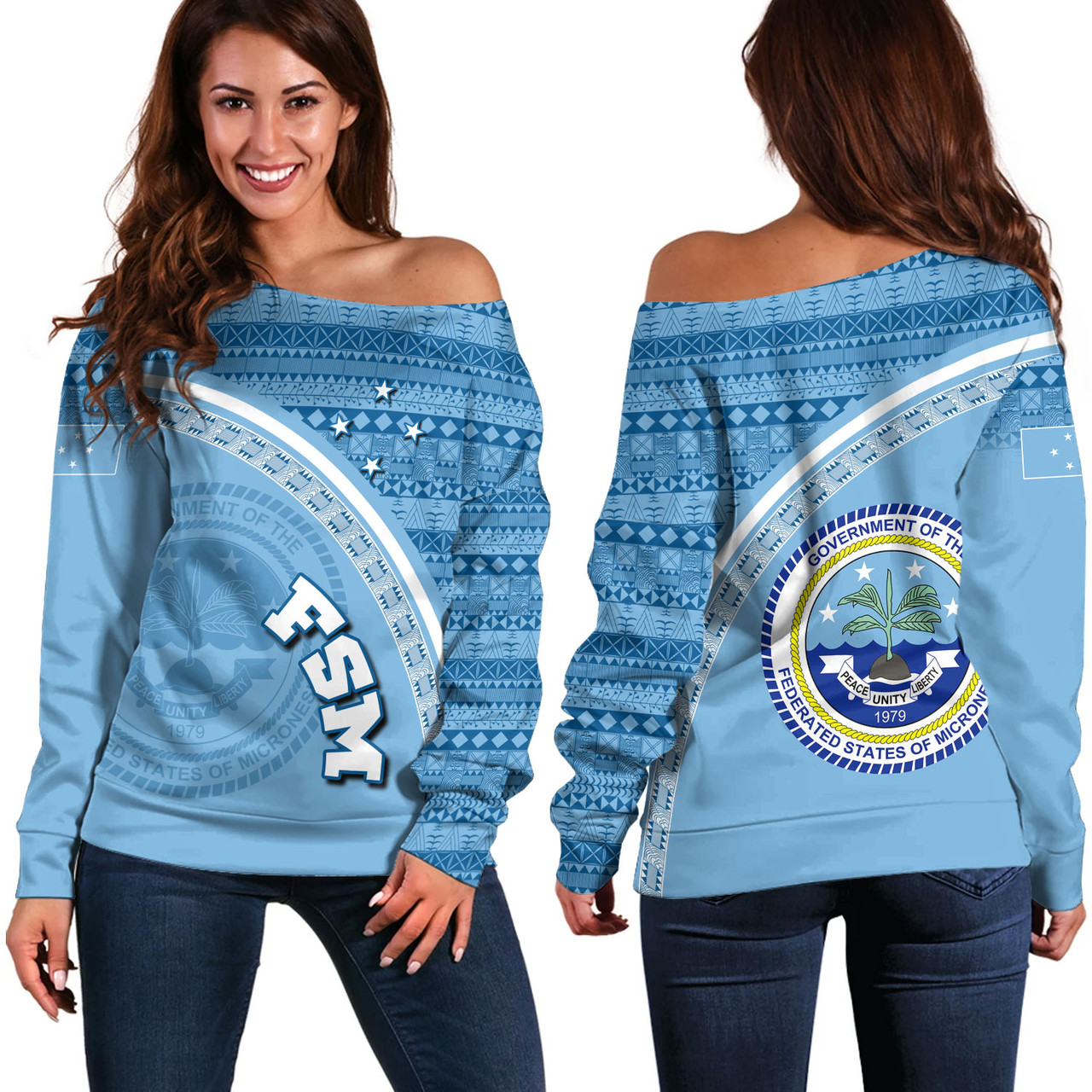 Federated States Of Micronesia Custom Personalised Off Shoulder Sweatshirt Micronesia Tribal Patterns Curve Style