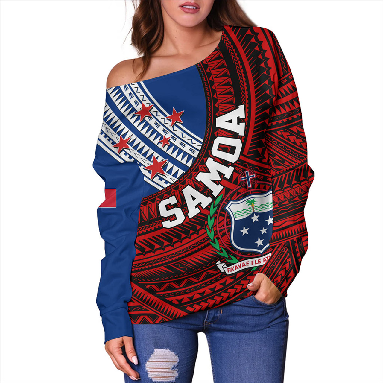 Samoa Off Shoulder Sweatshirt Custom Tribal Polynesian Flag Print