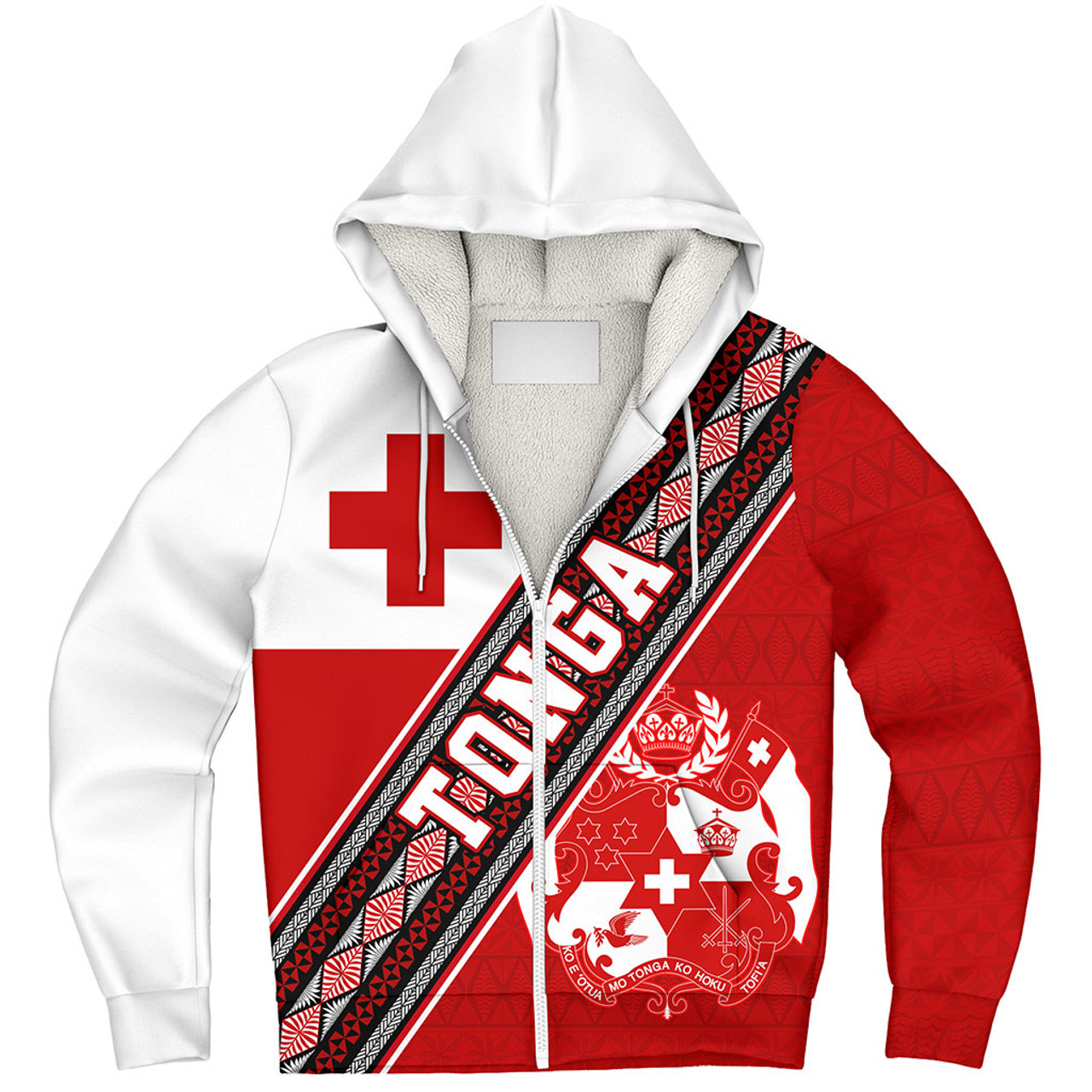 Tonga Sherpa Hoodie Ngatu Flag And Coat Of Arms