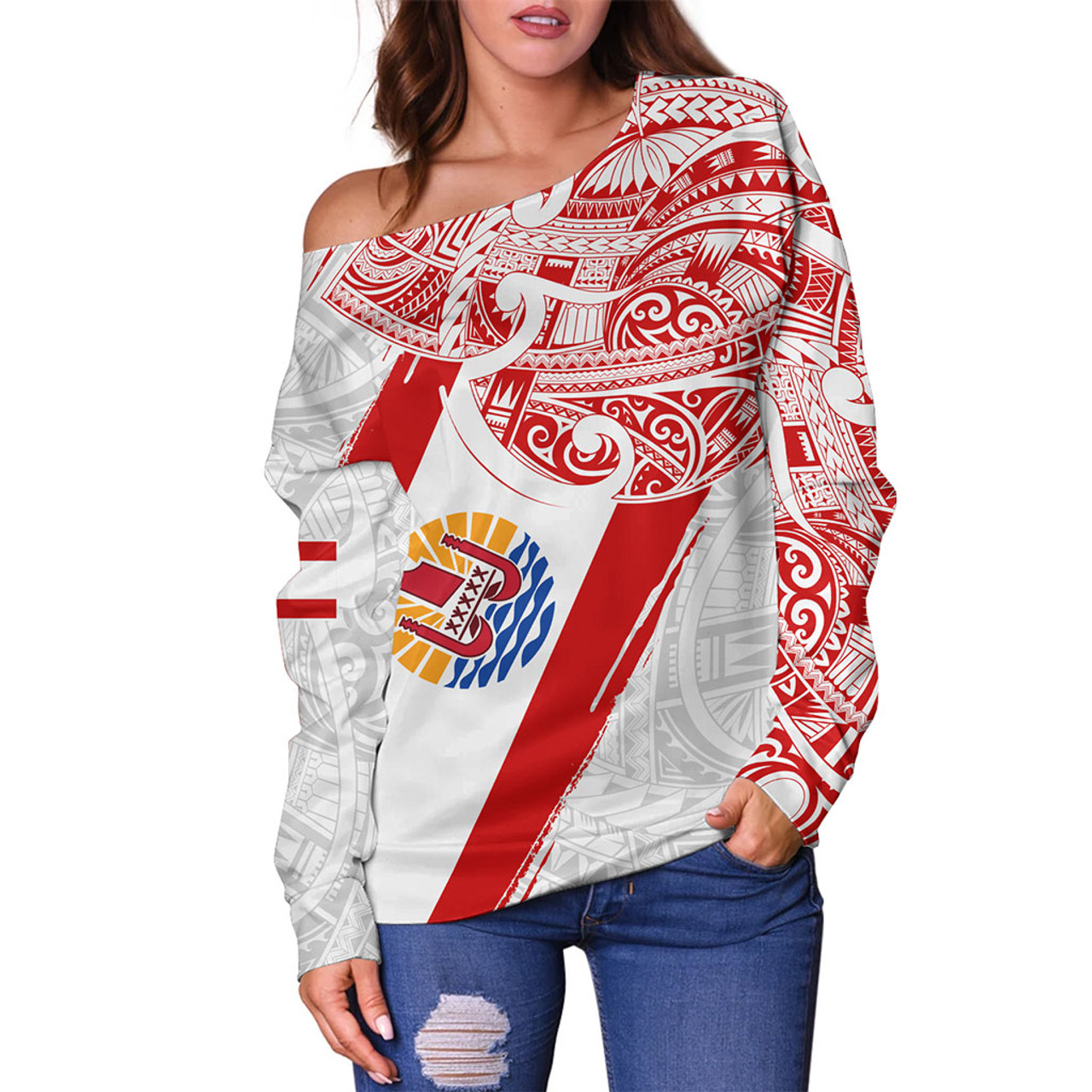 Tahiti Off Shoulder Sweatshirt Tribal Traditional Flag