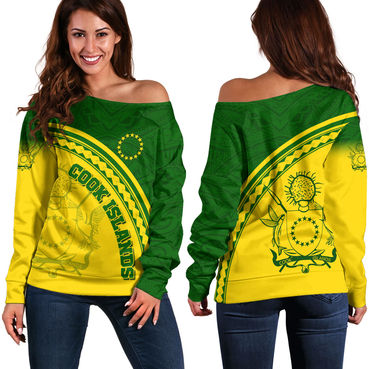 Cook Islands Custom Personalised Off Shoulder Sweatshirt Polynesian Tribal Patterns Curve Style