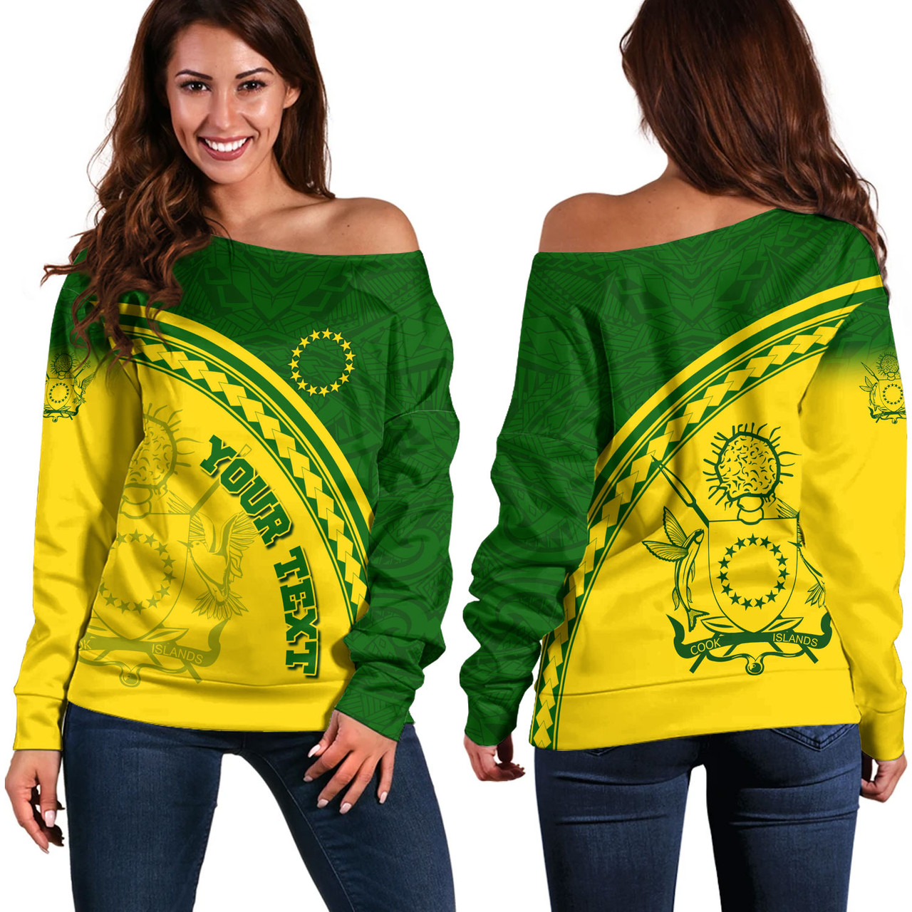 Cook Islands Custom Personalised Off Shoulder Sweatshirt Polynesian Tribal Patterns Curve Style