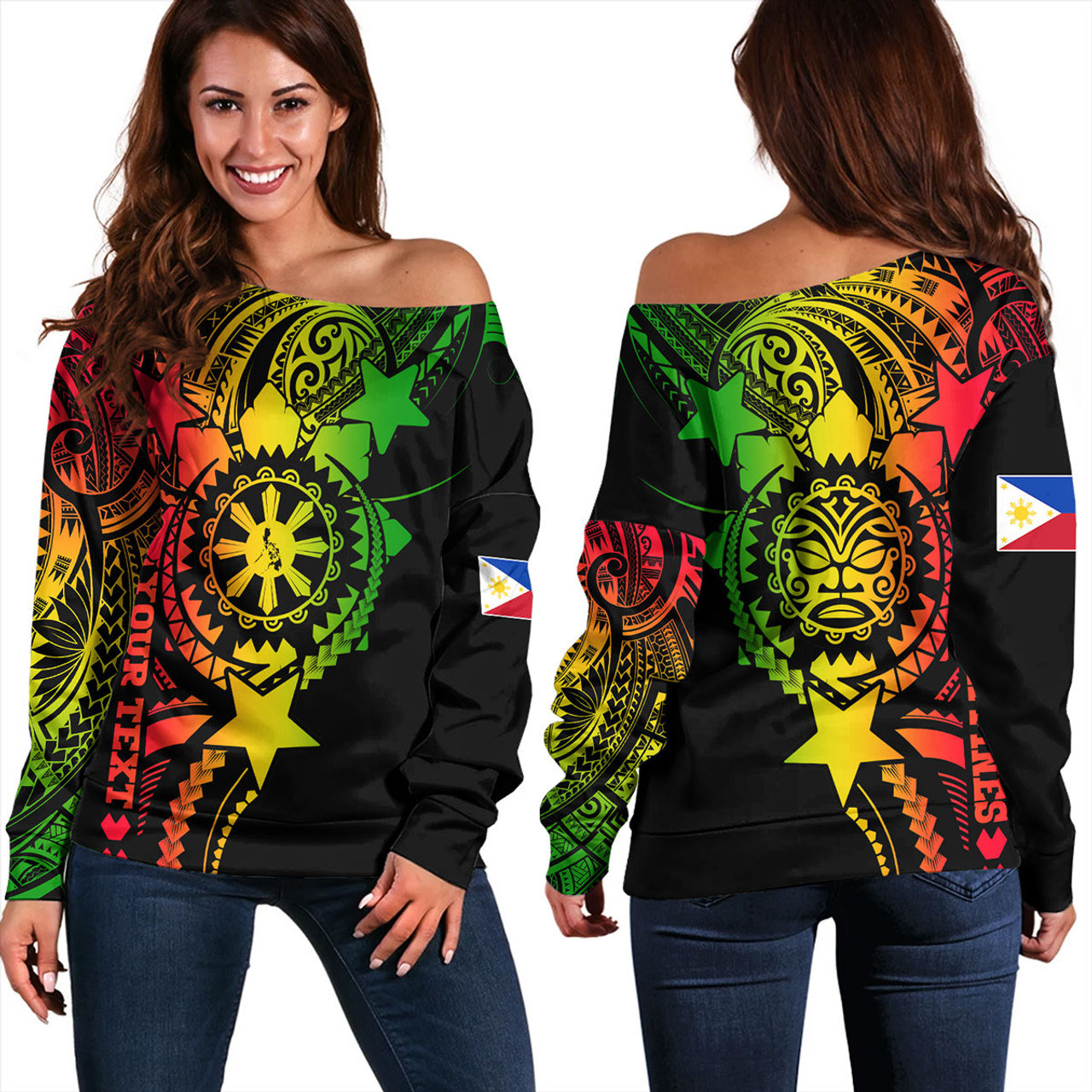 Philippines Filipinos Off Shoulder Sweatshirt - Proud To Be Filipino Tribal Sun Batok Reggae Style