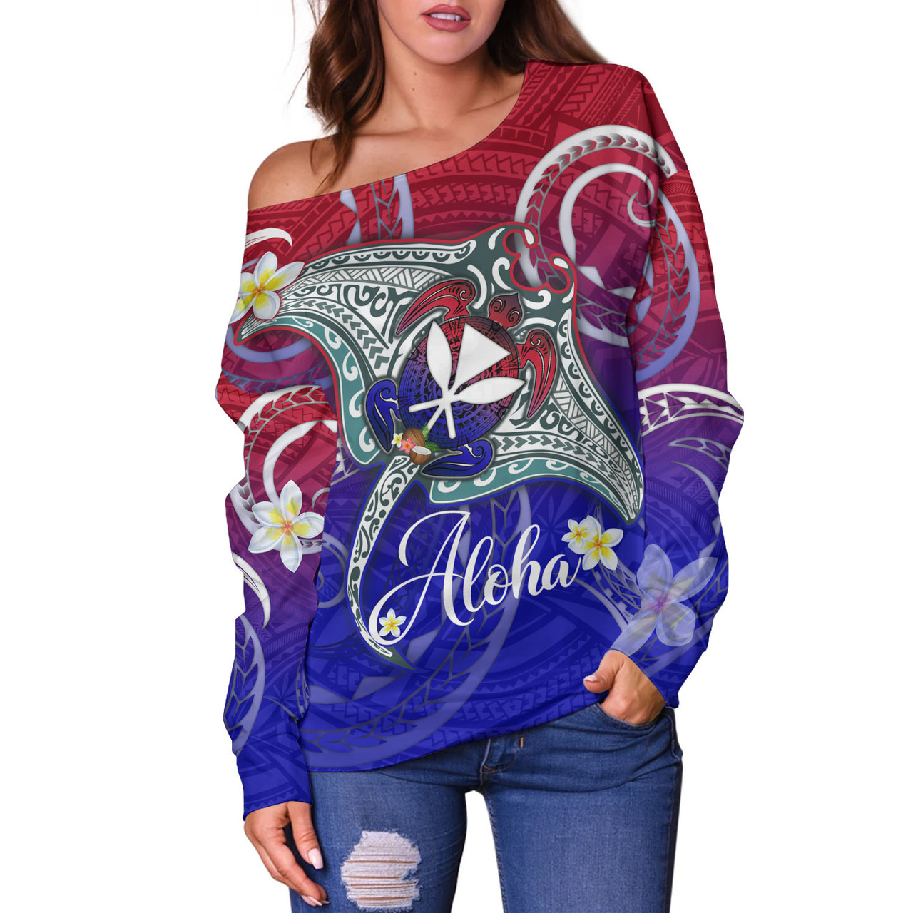 Hawaii Custom Personalised Off Shoulder Sweatshirt Kanaka Maoli Manta Ray With Turtle Plumeria Mixed Polynesian Style