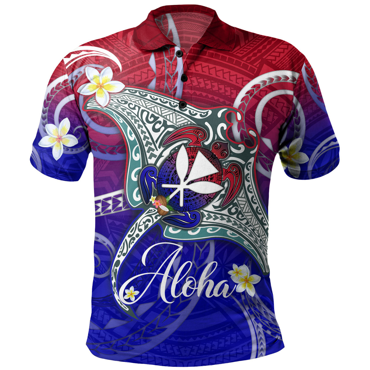 Hawaii Custom Personalised Polo Shirt Kanaka Maoli Manta Ray With Turtle Plumeria Mixed Polynesian Style