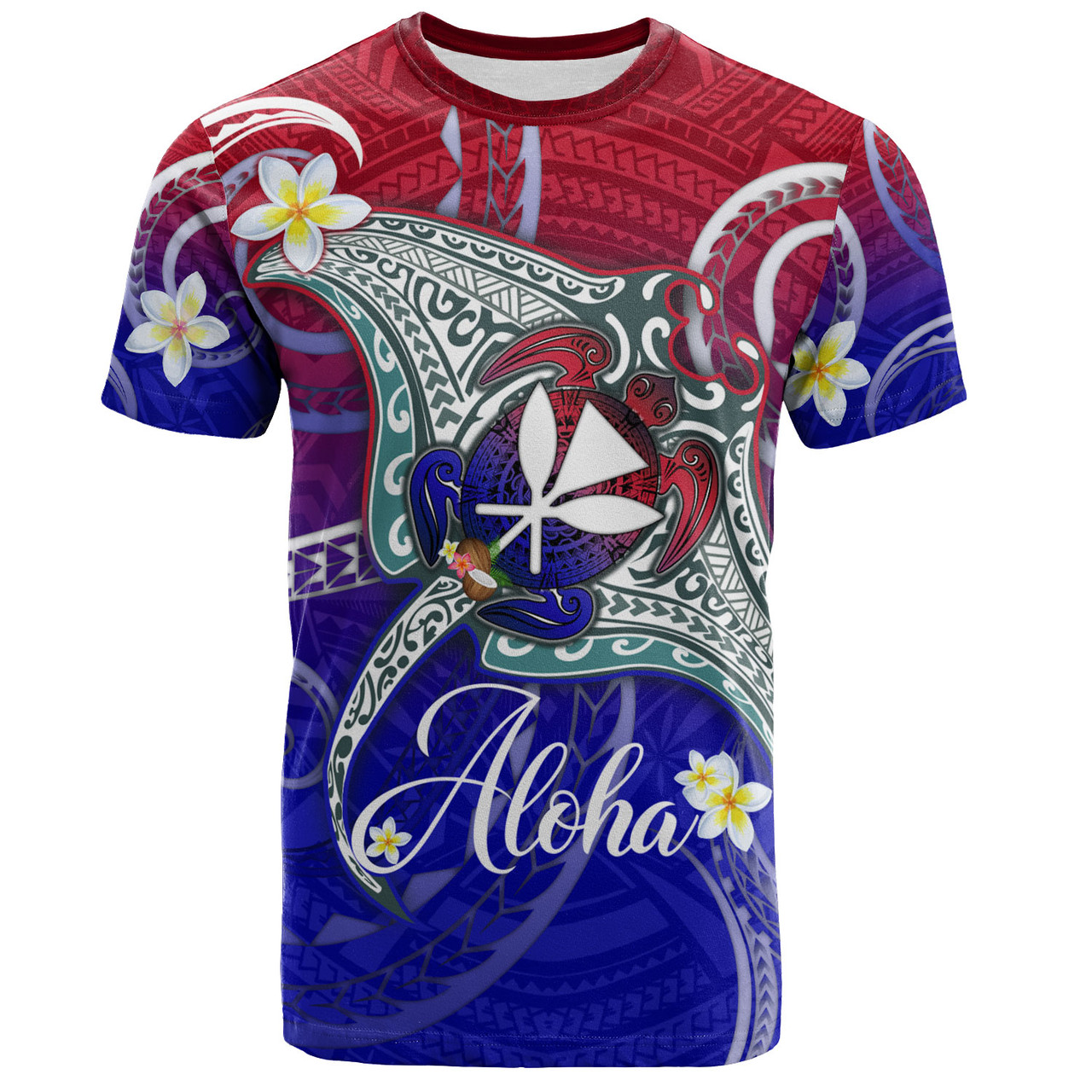 Hawaii Custom Personalised T-Shirt Kanaka Maoli Manta Ray With Turtle Plumeria Mixed Polynesian Style