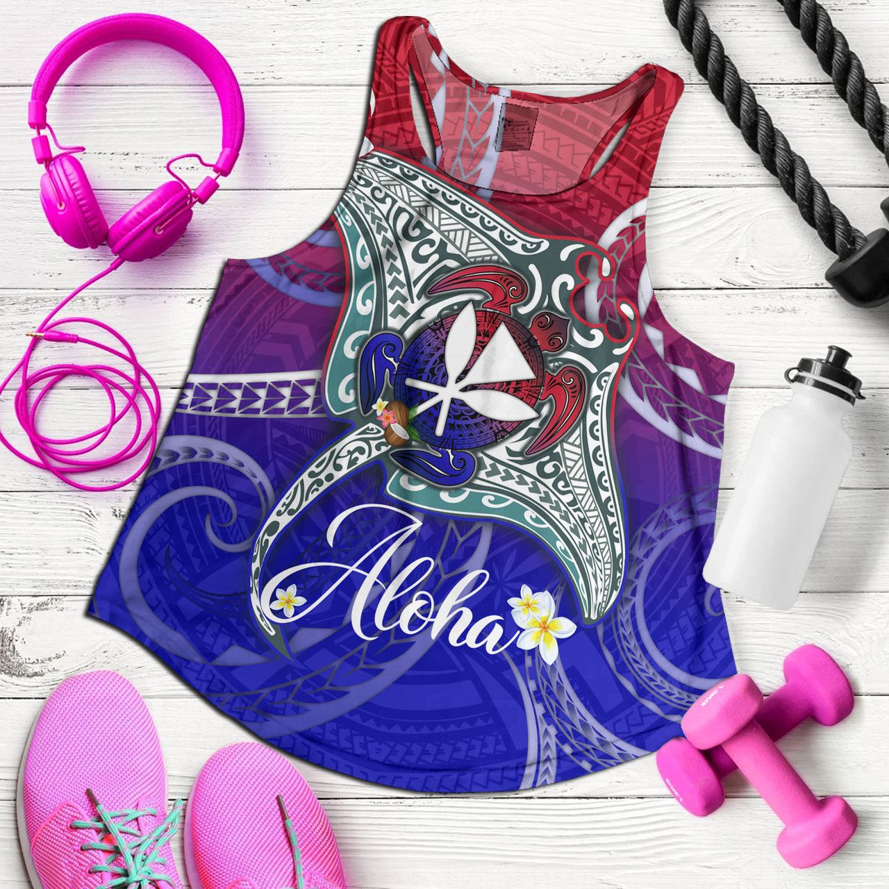 Hawaii Custom Personalised Women Tank Kanaka Maoli Manta Ray With Turtle Plumeria Mixed Polynesian Style