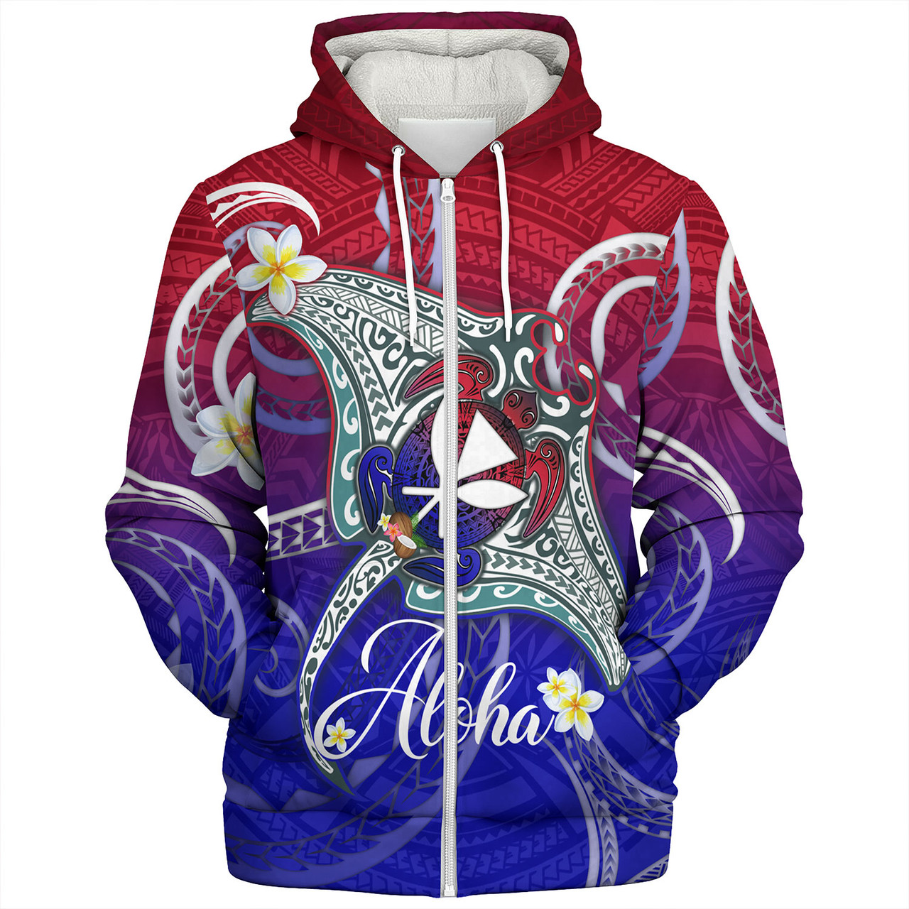 Hawaii Custom Personalised Sherpa Hoodie Kanaka Maoli Manta Ray With Turtle Plumeria Mixed Polynesian Style