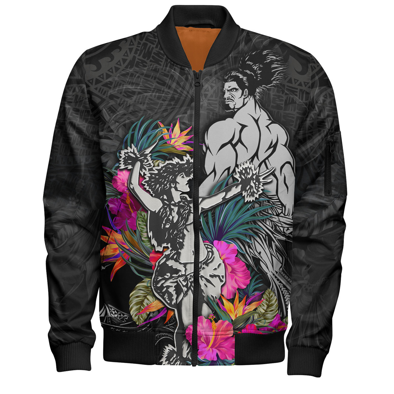 Hawaii Bomber Jacket  Hawaiian Girl And Warrior With Tropical Flowers