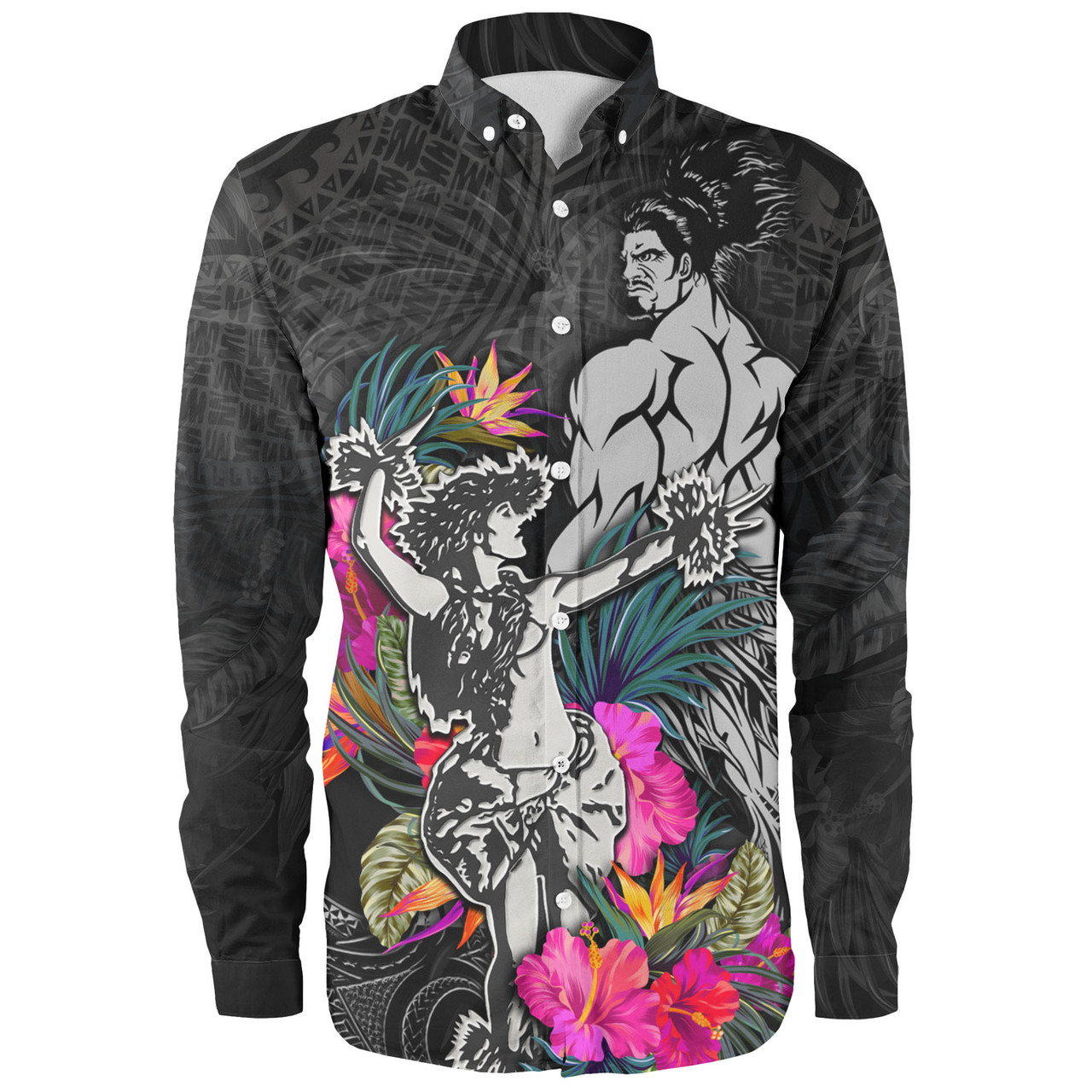 Hawaii Long Sleeve Shirt Hawaiian Girl And Warrior With Tropical Flowers