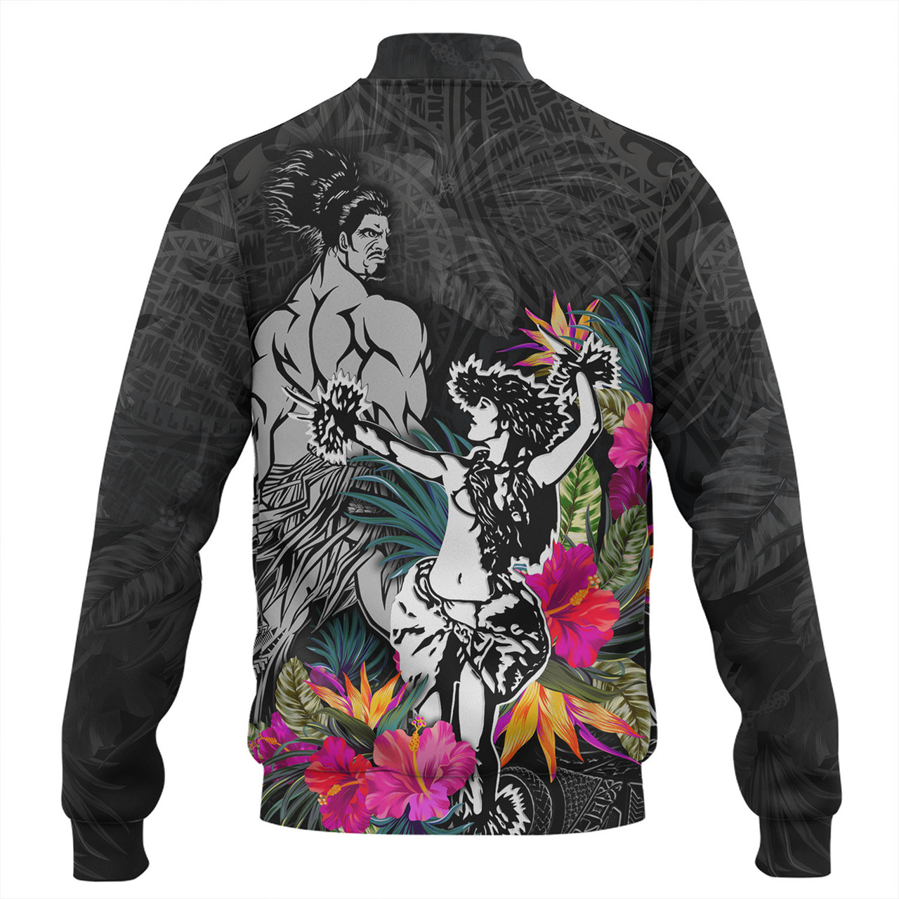 Hawaii Baseball Jacket Hawaiian Girl And Warrior With Tropical Flowers