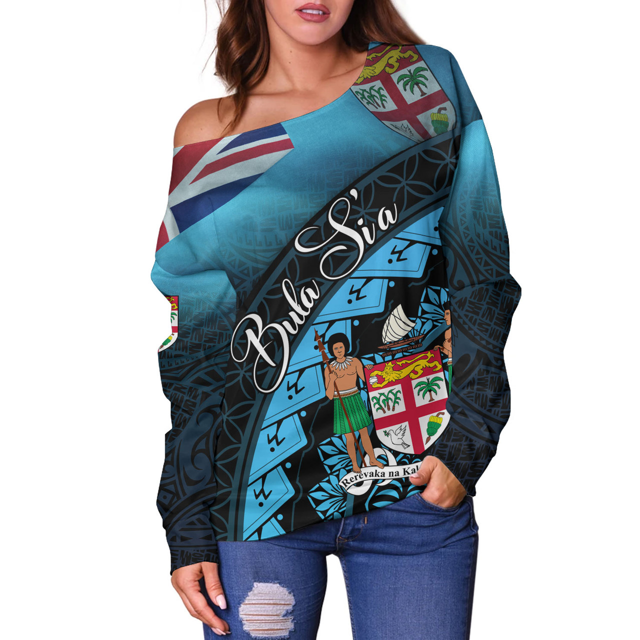 Fiji Custom Personalised Off Shoulder Sweatshirt Bula Si'a Fijian Flag Tapa Patterns Style