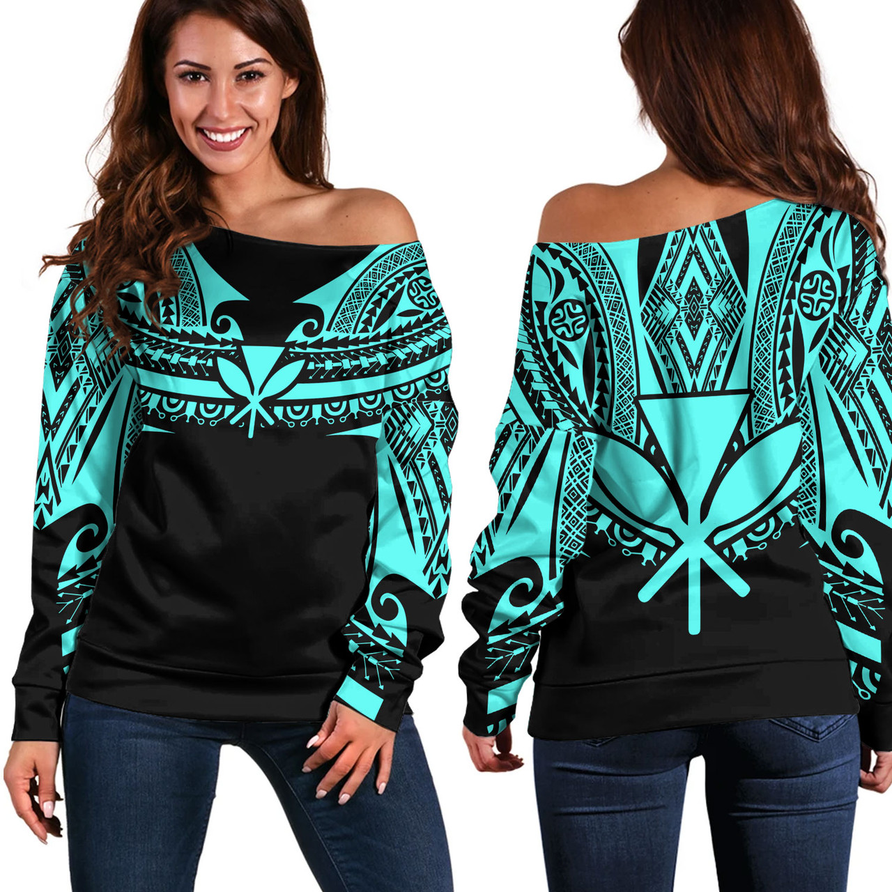 Hawaii Custom Personalised Off Shoulder Sweatshirt Polynesian Tattoo Style