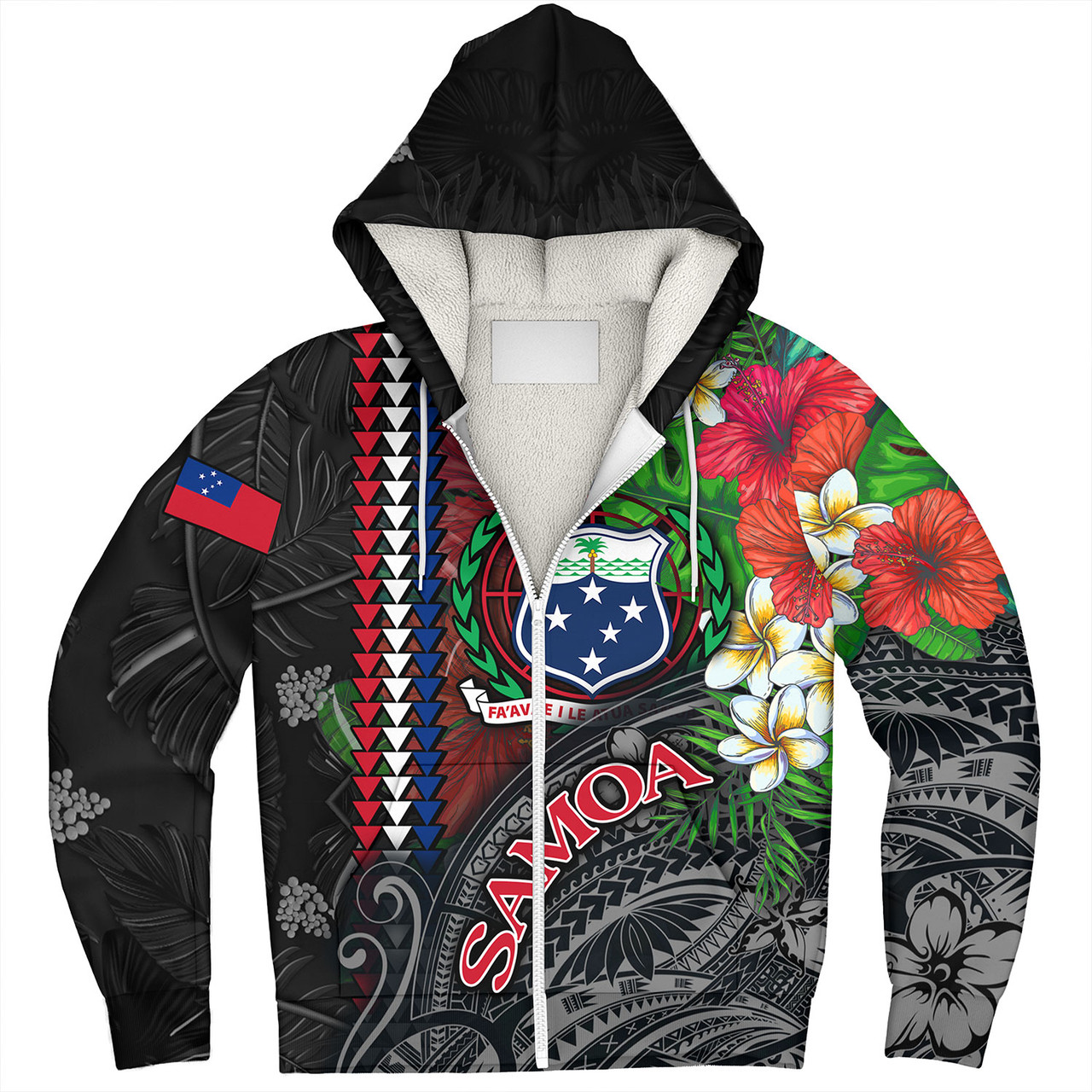 Samoa Custom Personalised Sherpa Hoodie Samoa Seal Hibiscus And Plumeria With Palm Branches Vintage Style