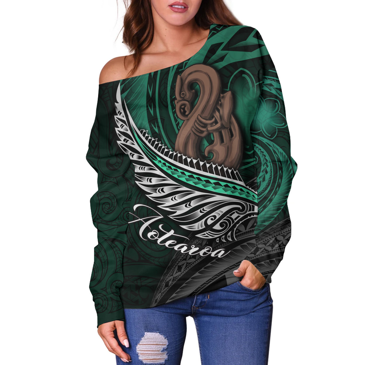New Zealand Custom Personalised Off Shoulder Sweatshirt Aotearoa Manaia Maori Patterns