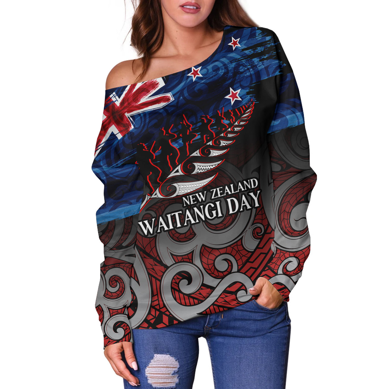 New Zealand Custom Personalised Off Shoulder Sweatshirt Waitangi Day Maori Patterns