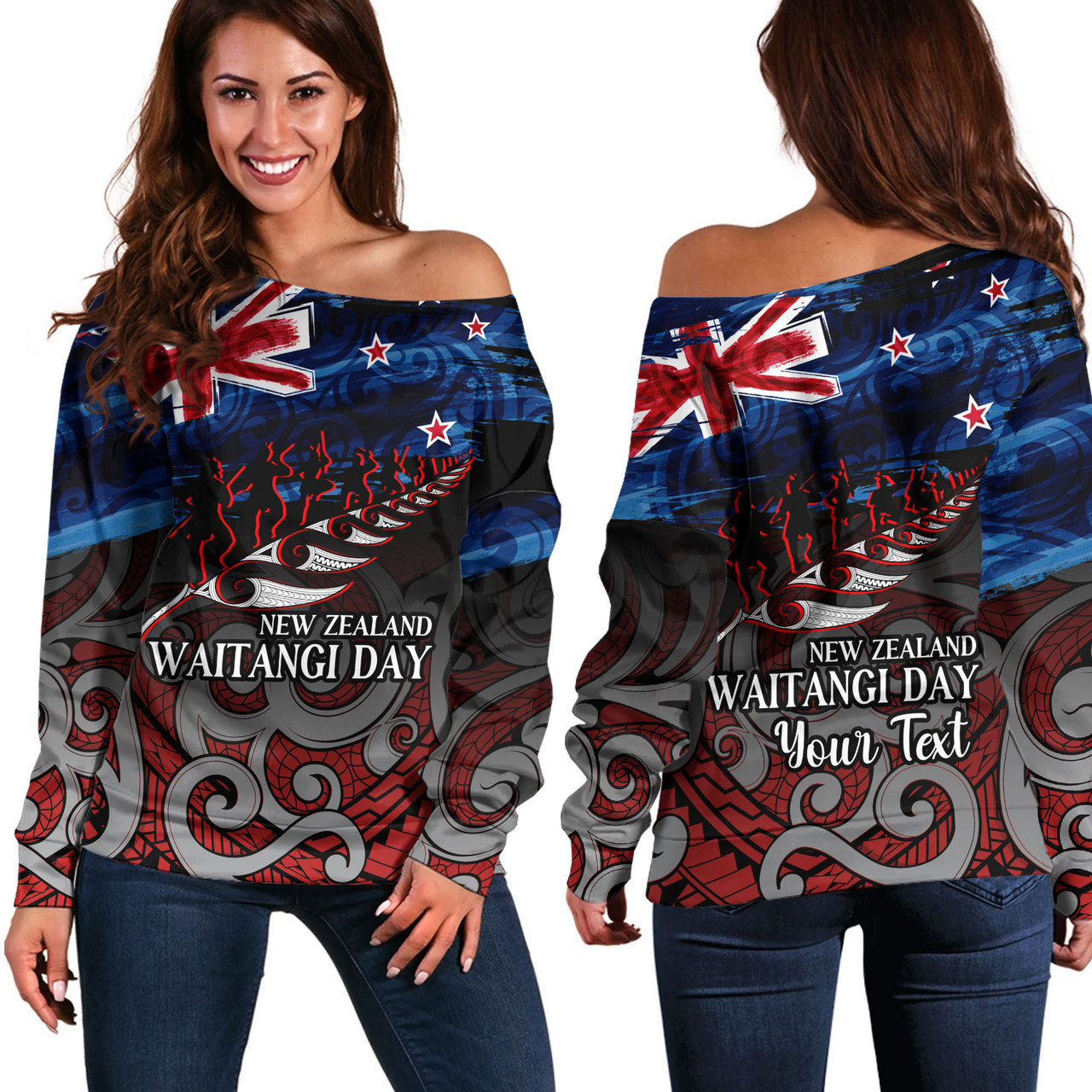 New Zealand Custom Personalised Off Shoulder Sweatshirt Waitangi Day Maori Patterns