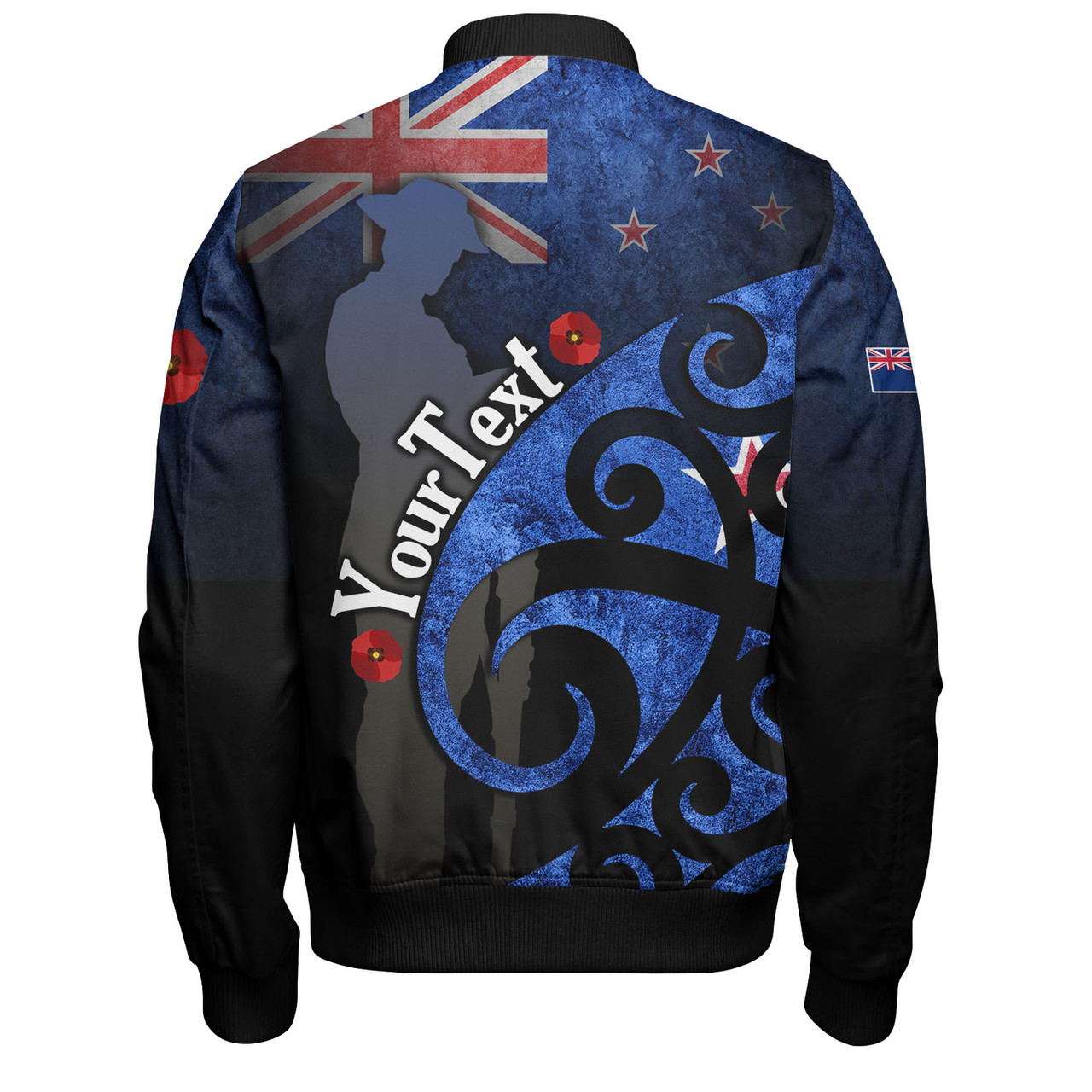 New Zealand Custom Personalised Bomber Jacket Anzac Day Flag Maori Patterns