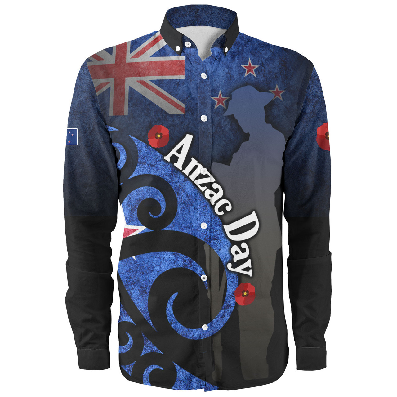 New Zealand Custom Personalised Long Sleeve Shirt Anzac Day Flag Maori Patterns