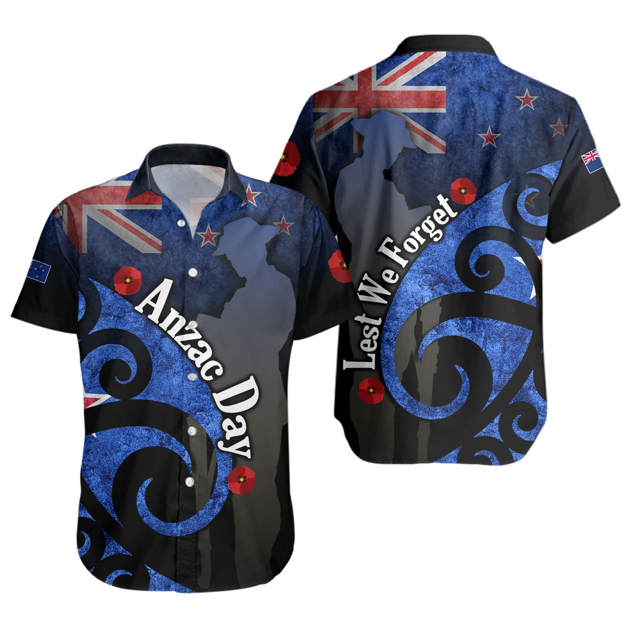 New Zealand Custom Personalised Short Sleeve Shirt Anzac Day Flag Maori Patterns