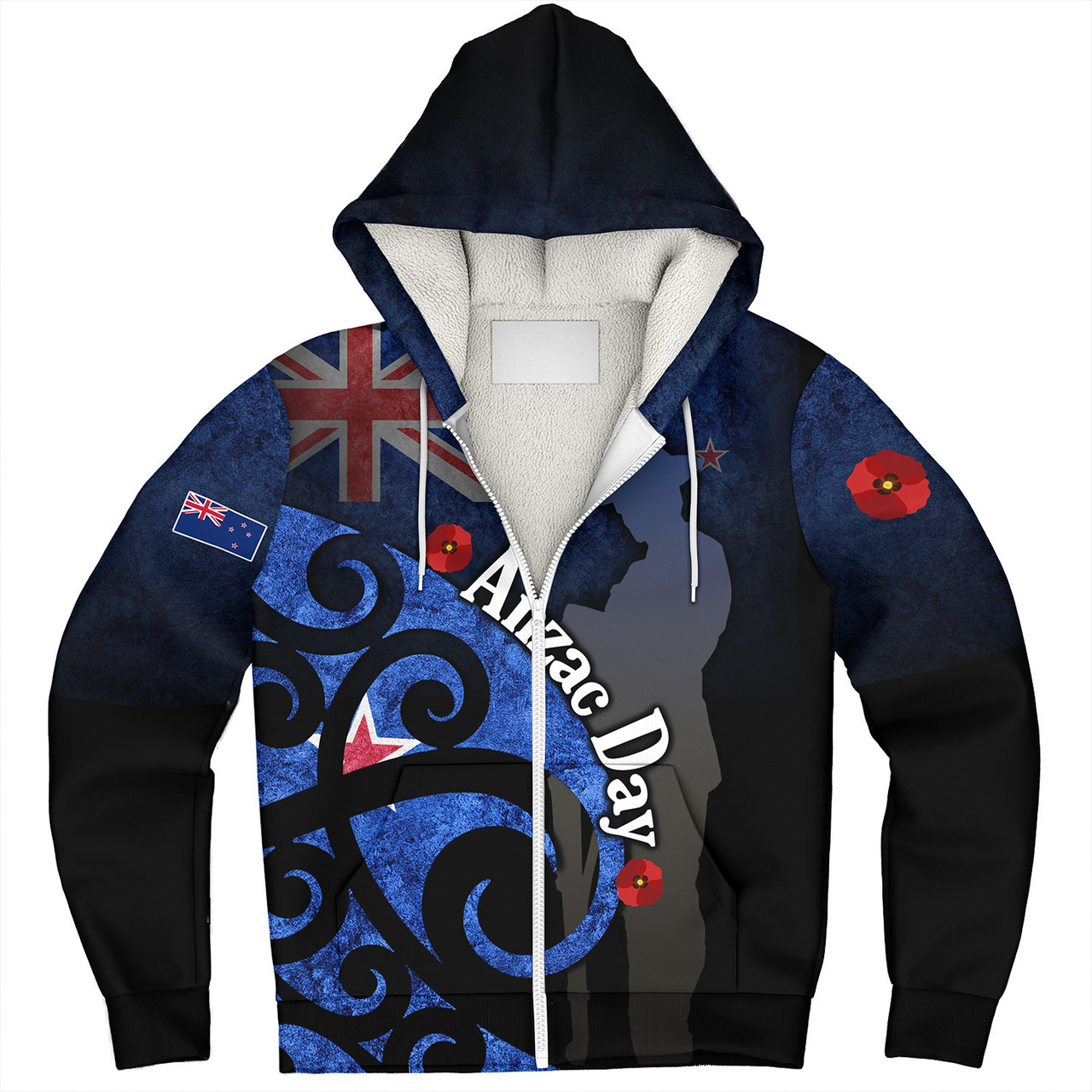 New Zealand Custom Personalised Sherpa Hoodie Anzac Day Flag Maori Patterns