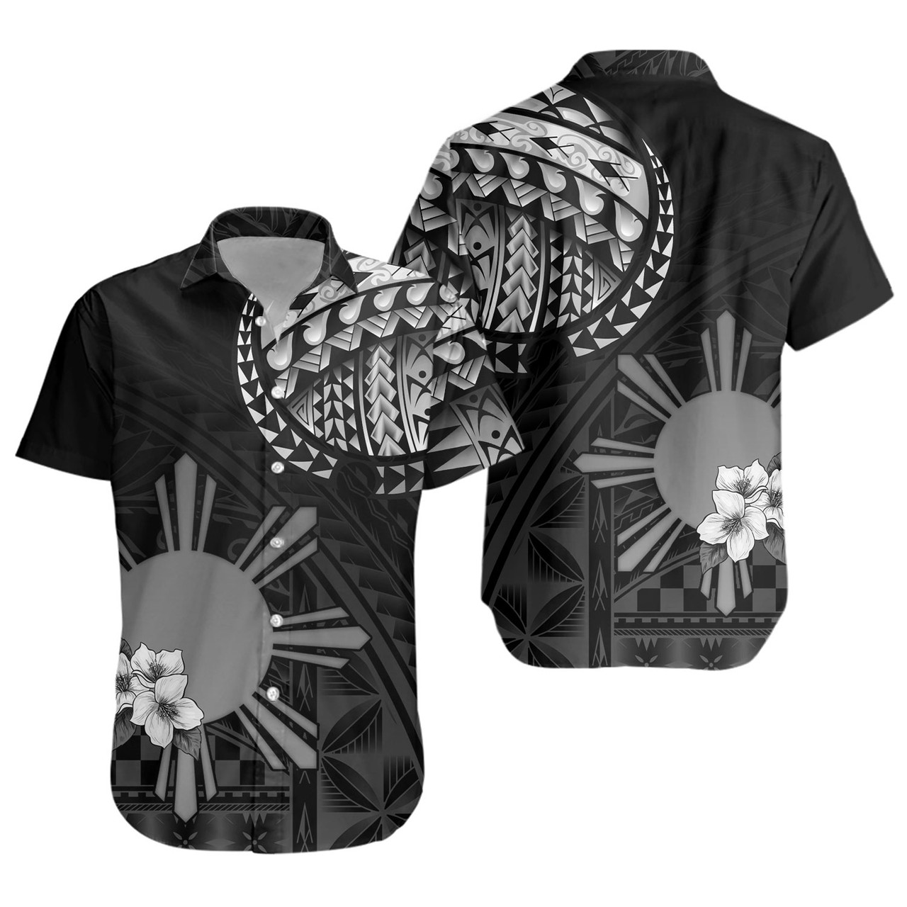 Philippines Filipinos Short Sleeve Shirt Filipinos Sun Tribal Patterns Jasmine Flowers Style