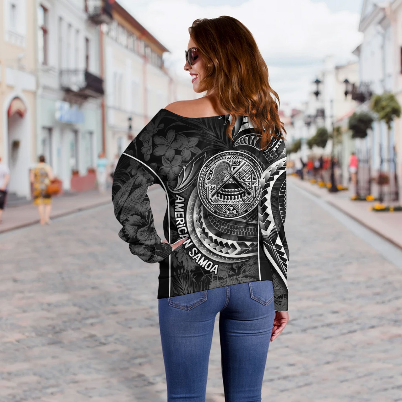 American Samoa Custom Personalised Off Shoulder Sweatshirt Seal Tribal Patterns Tropical Flowers Curve Style