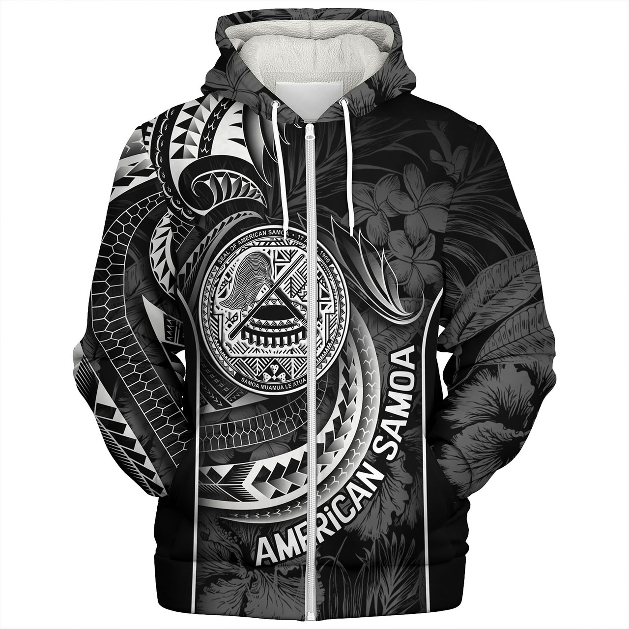 American Samoa Custom Personalised Sherpa Hoodie Seal Tribal Patterns Tropical Flowers Curve Style