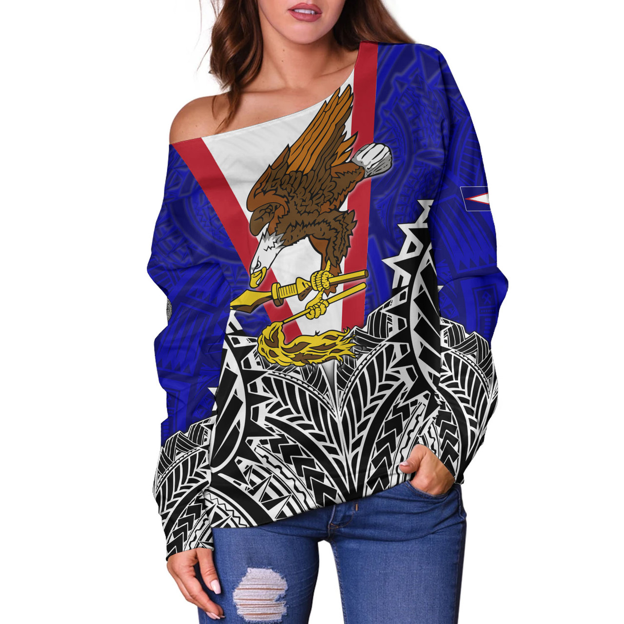 American Samoa Custom Personalised Off Shoulder Sweatshirt American Samoa Flag With Eagle Style