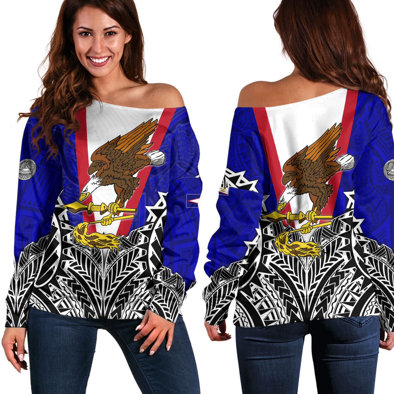 American Samoa Custom Personalised Off Shoulder Sweatshirt American Samoa Flag With Eagle Style