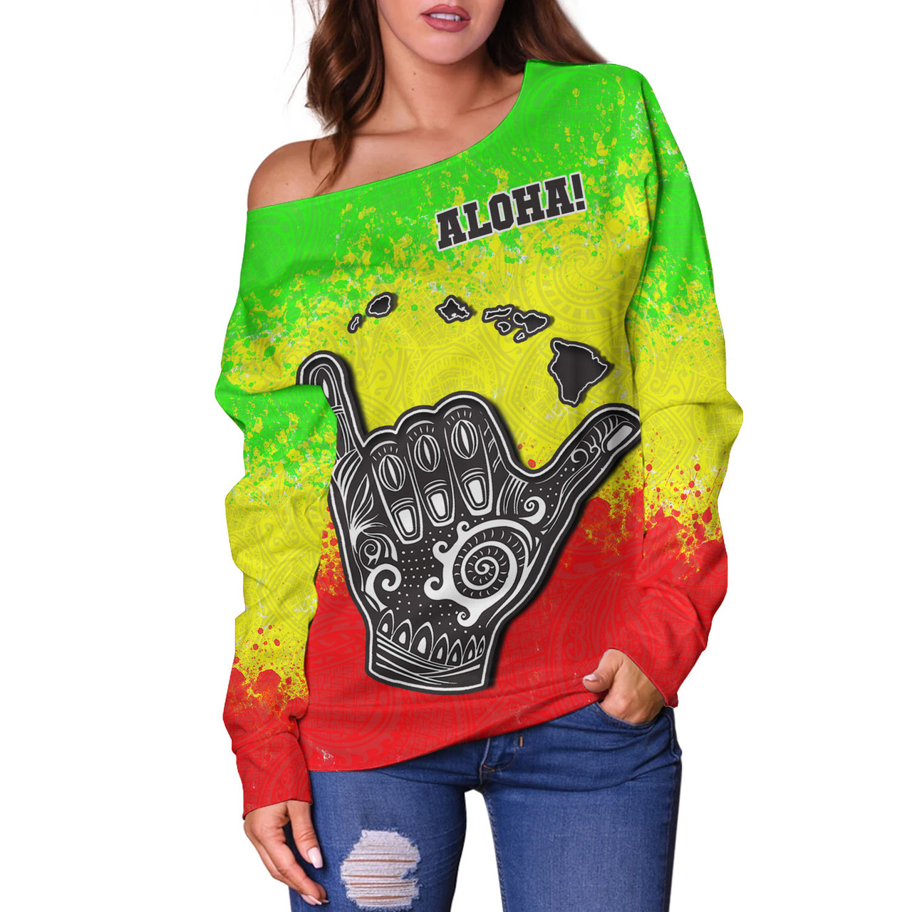 Hawaii Custom Personalised Off Shoulder Sweatshirt Polynesian Shaka Hawaii Map Reggae Style