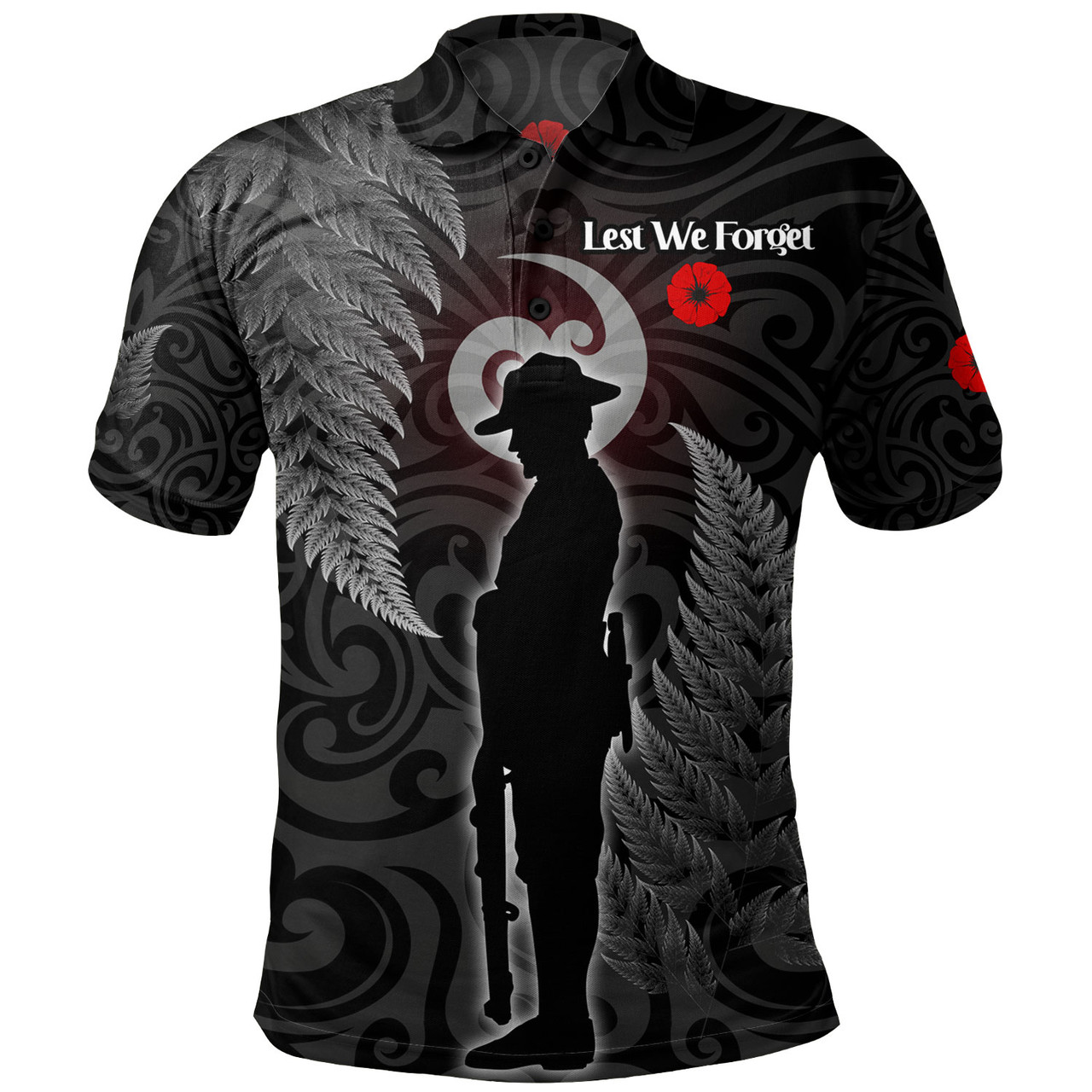 New Zealand Custom Personalised Polo Shirt Lest We Forget Koru Maori Pattern