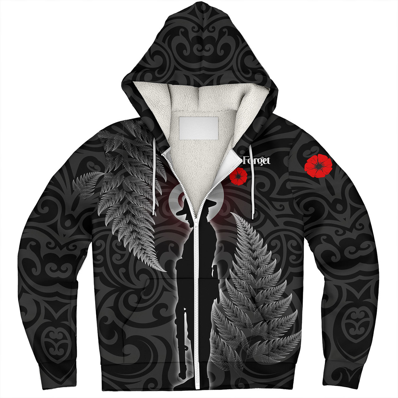 New Zealand Custom Personalised Sherpa Hoodie Lest We Forget Koru Maori Pattern