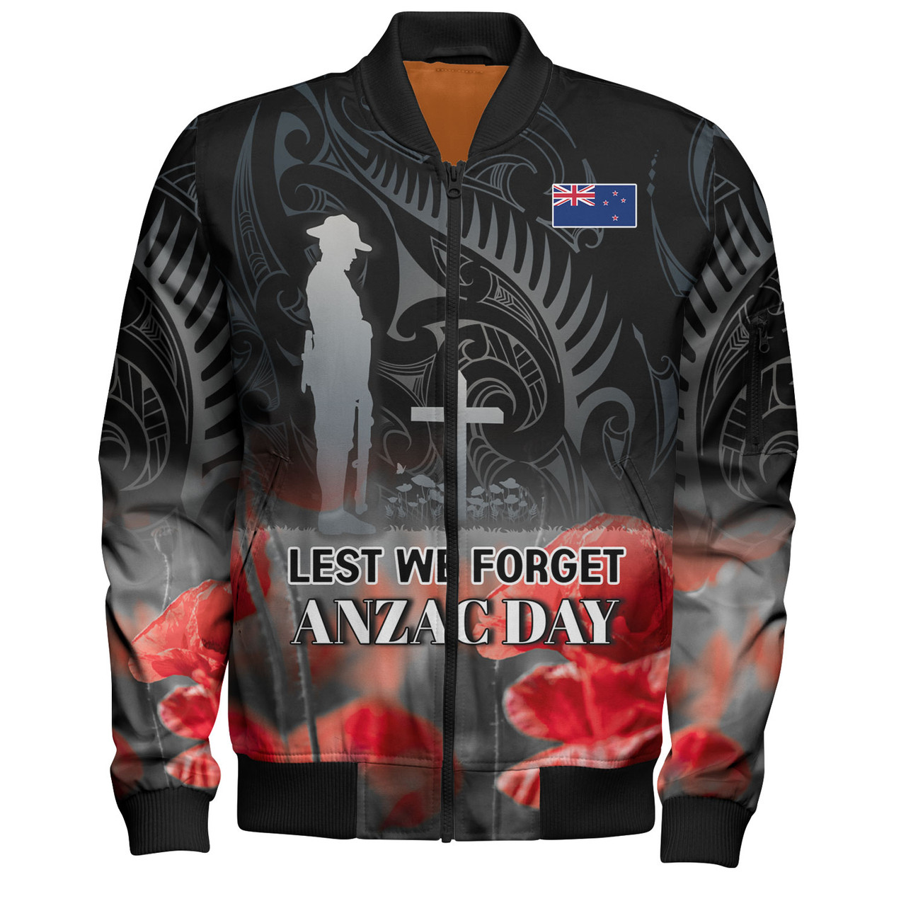 New Zealand Custom Personalised Bomber Jacket  Anzac Day Silver Fern Maori Style
