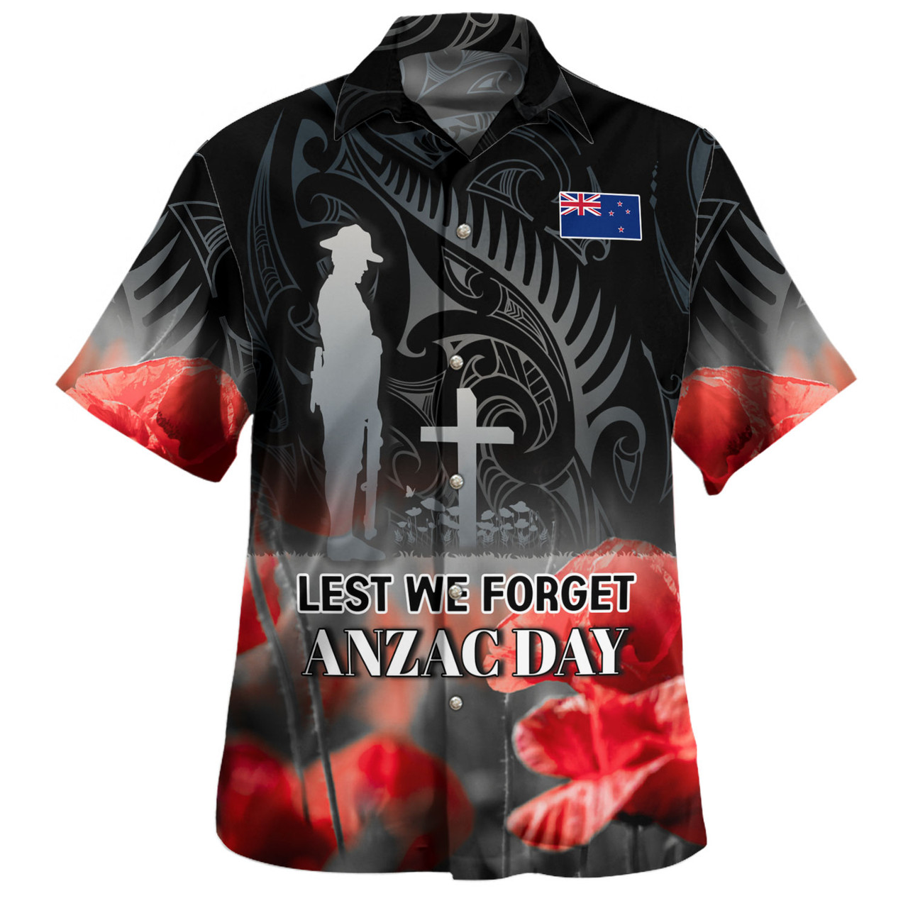 New Zealand Custom Personalised Hawaiian Shirt  Anzac Day Silver Fern Maori Style