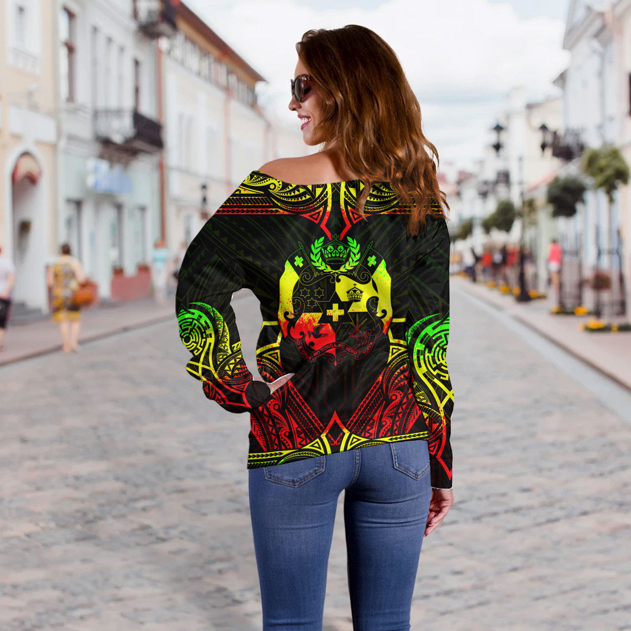 Tonga Custom Personalised Off Shoulder Sweatshirt Coat Of Arms With Patterns Reggae Color