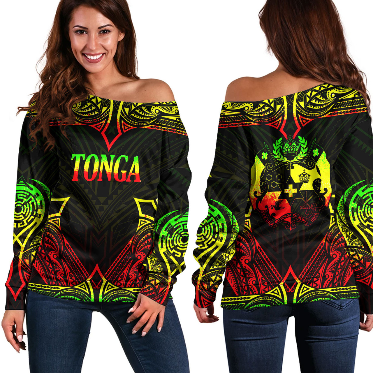 Tonga Custom Personalised Off Shoulder Sweatshirt Coat Of Arms With Patterns Reggae Color