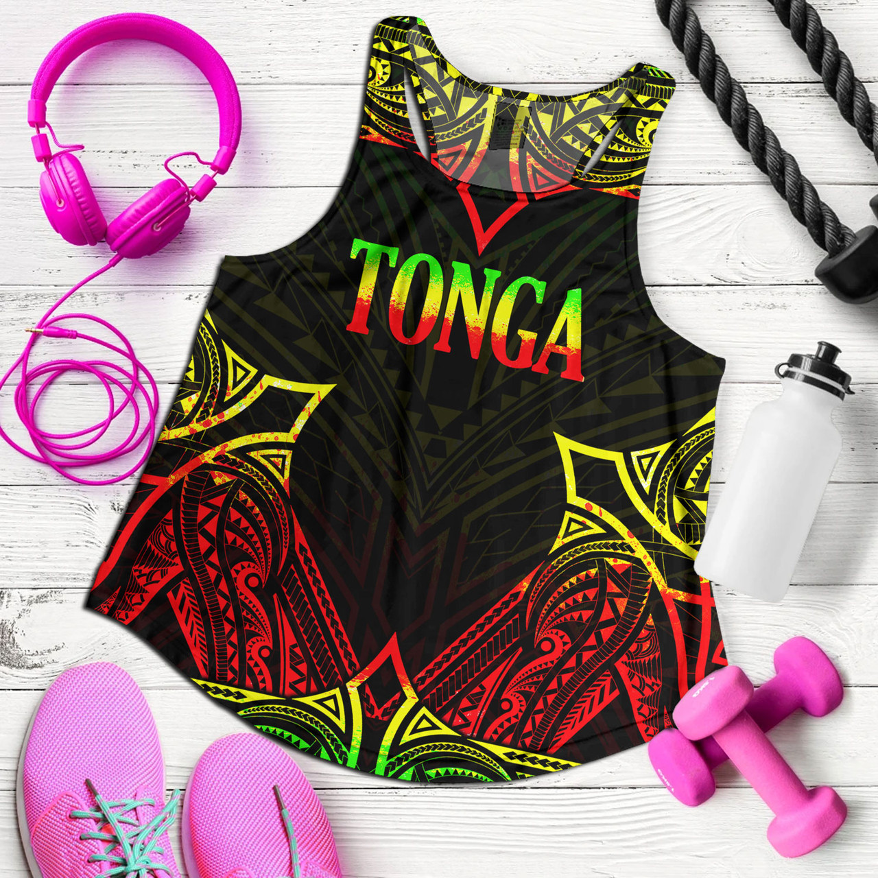 Tonga Custom Personalised Women Tank Coat Of Arms With Patterns Reggae Color