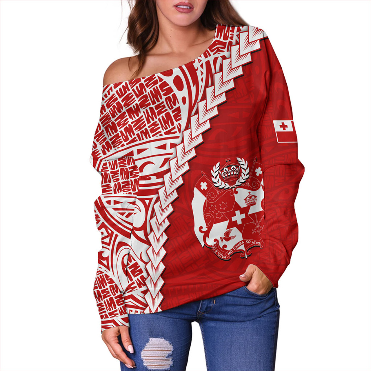 Tonga Off Shoulder Sweatshirt Lauhala Tribal Coat Of Arms